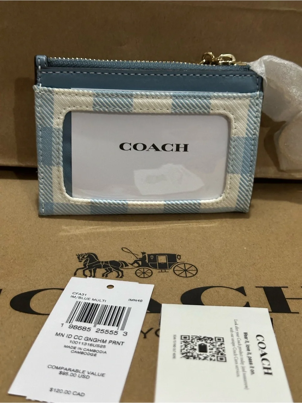 🍒🍒NWT Coach Mini Skinny Id Card Case With Gingham Print Cherry Charm Blue CFA31